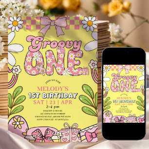 Invitation d'anniversaire rétro rose et jaune pour