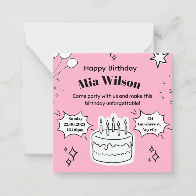 Invitation d'anniversaire rose avec illustration d (Devant)