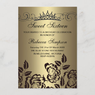 Invitation d'anniversaire Rose & Diadème Or & Noir