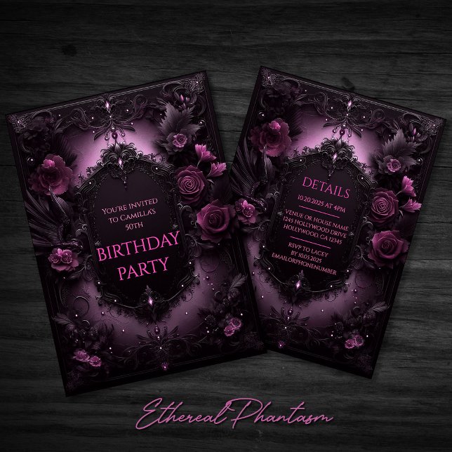 Invitation d'anniversaire rose et noir Élégance go (Pink and Black Elegant Goth Goth Floral Rose Roses Birthday Party Invitation Invite Evite Dark Chic)
