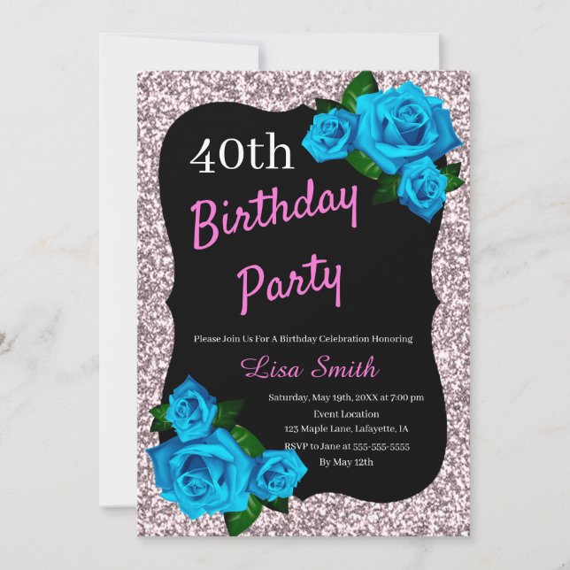 Invitation d'anniversaire rose pailletée et roses  (Devant)