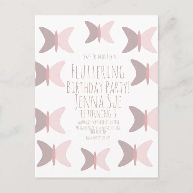 Invitation d'anniversaire rose pastel papillon boh (Devant)