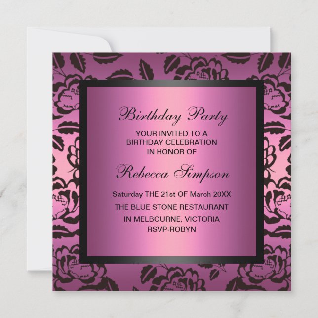 Invitation d'anniversaire Rose rose et noir (Devant)