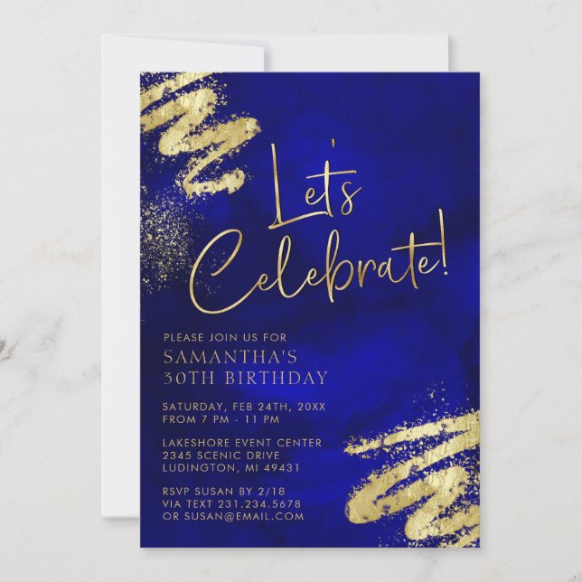 Invitation d'anniversaire Royal Blue et Gold (Devant)