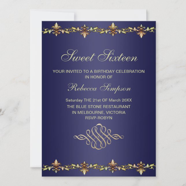 Invitation d'anniversaire Royal Blue & Gold Leaf (Devant)