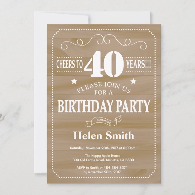 Invitation d'anniversaire rustique 40 ans (Devant)
