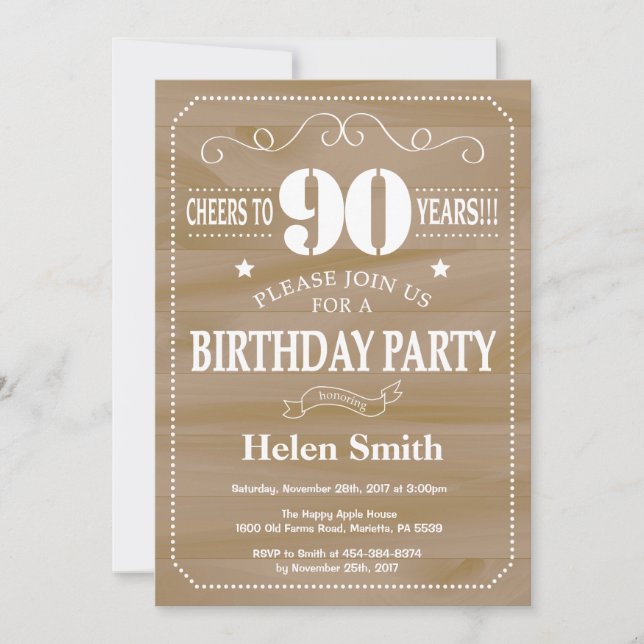Invitation d'anniversaire rustique 90 ans (Devant)