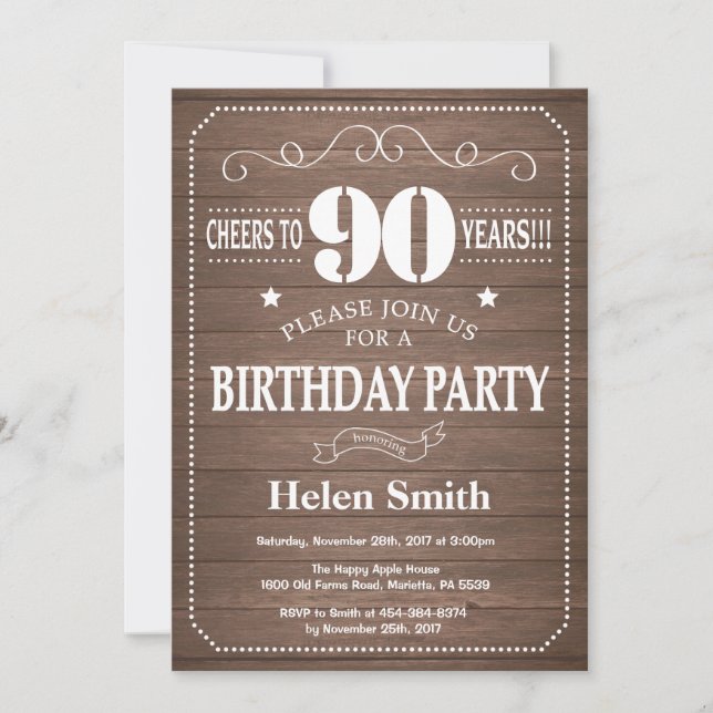 Invitation d'anniversaire rustique 90 ans (Devant)