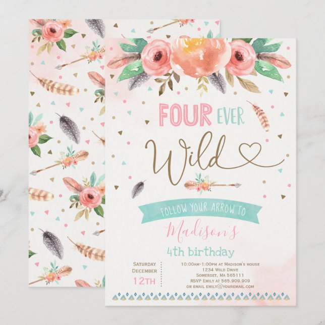 Invitation d'anniversaire sauvage Boho Four Ever W (Devant / Derrière)