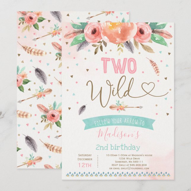 Invitation d'anniversaire sauvage Boho Two Wild Bo (Devant / Derrière)