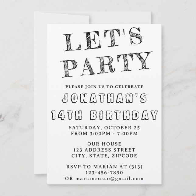 Invitation d'anniversaire simple en noir et blanc  (Devant)