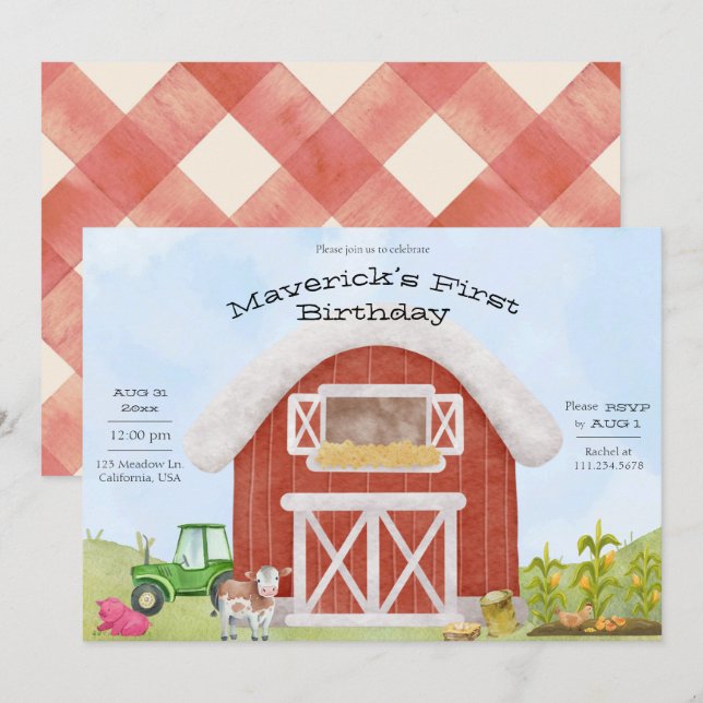 Invitation d'anniversaire Simple Farm Fun 1ère ann (Devant / Derrière)