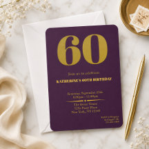 Invitation d'anniversaire soixantième en or prune