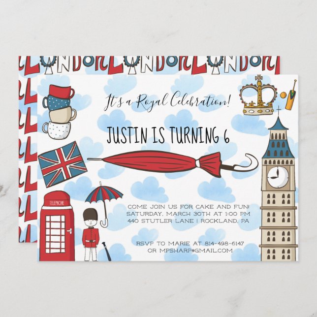 Invitation  d'anniversaire sur le thème de Londres (Devant / Derrière)