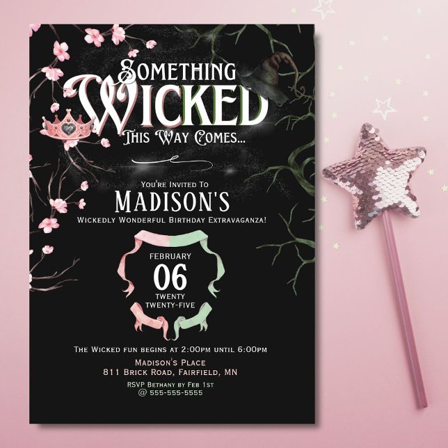 Invitation d'anniversaire sur le thème de Wicked (Enchanting Wicked-themed birthday invite with a magical, moody, and spellbinding design.)