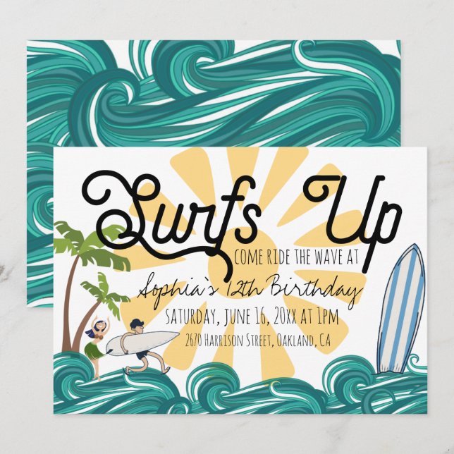 Invitation d'anniversaire sur le thème du surf (Devant / Derrière)
