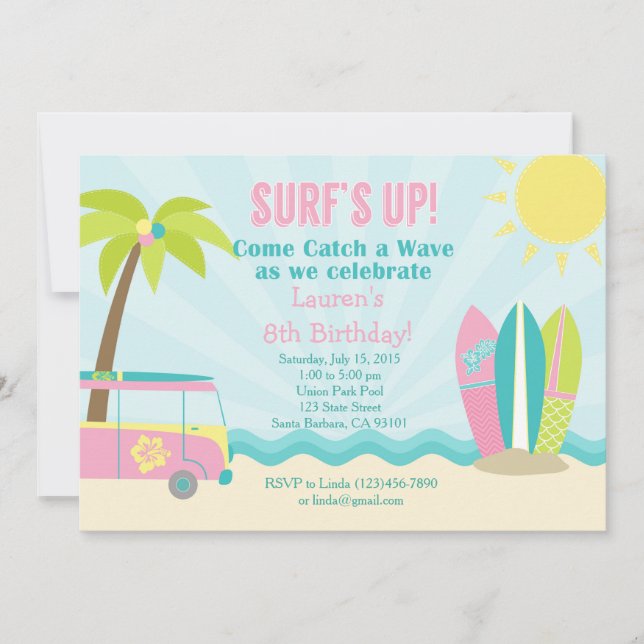 Invitation d'anniversaire Surf pour une fille en r (Devant)