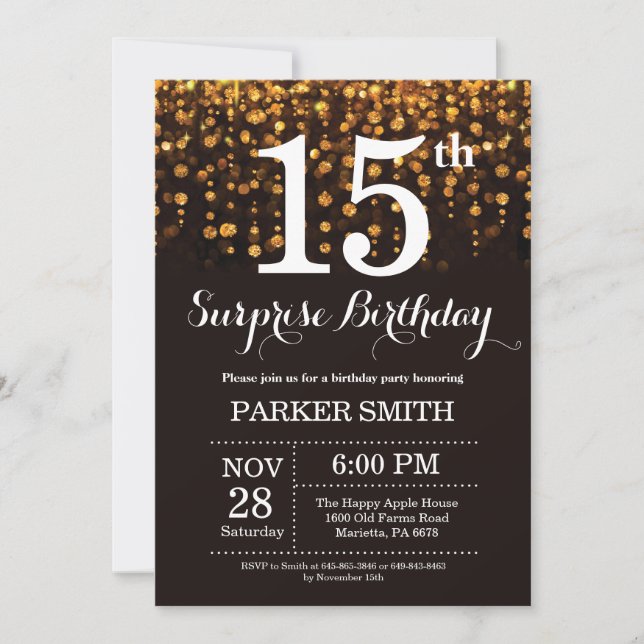 Invitation d'anniversaire surprise 15 ans paillett (Devant)
