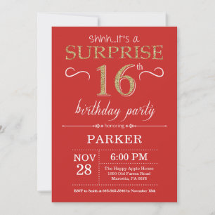 Invitation d'anniversaire surprise 16 ans rouge et