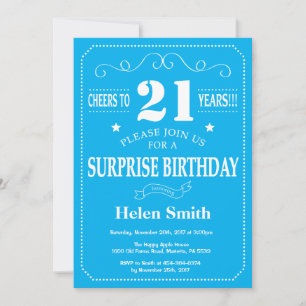 Invitation d'anniversaire surprise 21 ans bleu et 