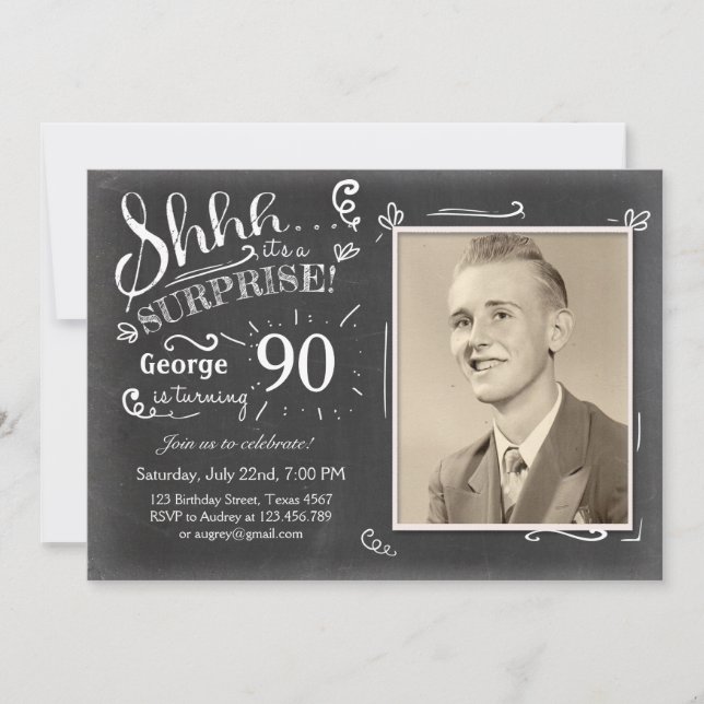 Invitation d'anniversaire surprise 90 Chalkboard R (Devant)