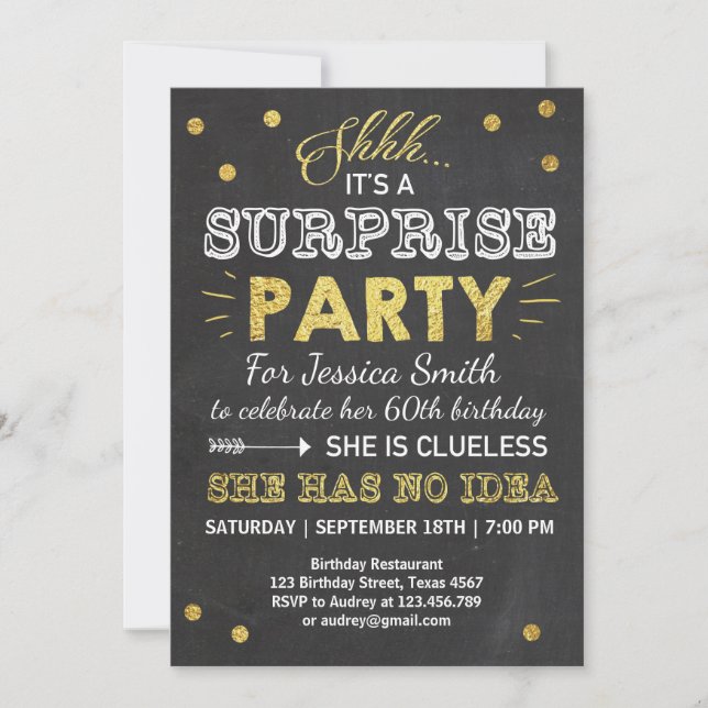 Invitation d'anniversaire surprise Chalkboard Gold (Devant)