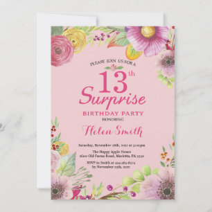 Invitation d'anniversaire surprise florale 13 ans 