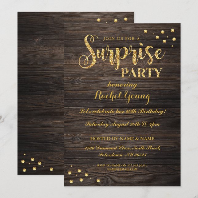 Invitation d'anniversaire Surprise Gold Parties sc (Devant / Derrière)