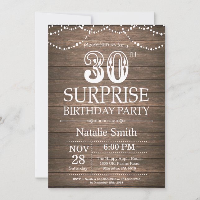 Invitation d'anniversaire surprise rustique 30 ans (Devant)