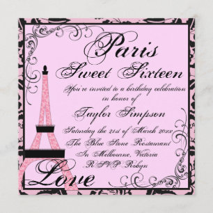 Invitation d'anniversaire Sweet16 rose/noir Paris