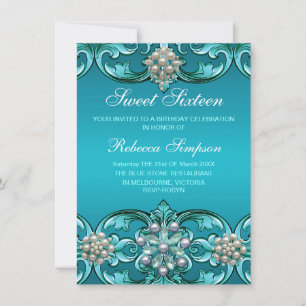 Invitation d'anniversaire Sweet 16 Bleu Damassé &