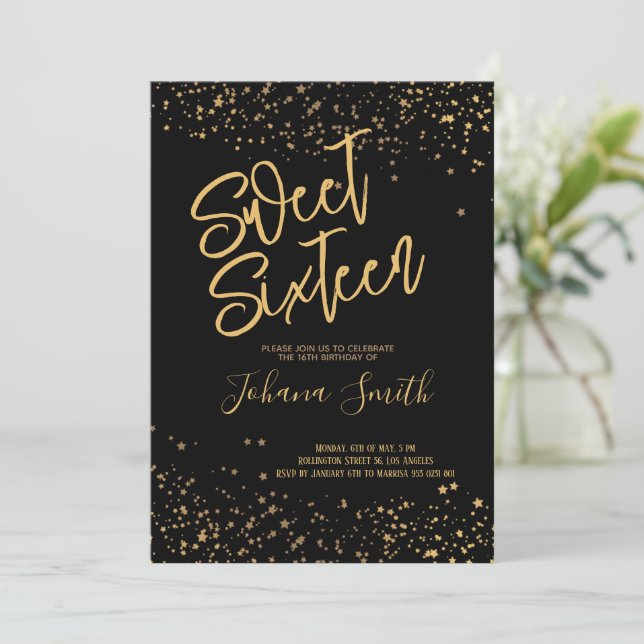 Invitation d'anniversaire sweet sixteen noir et or (Debout devant)