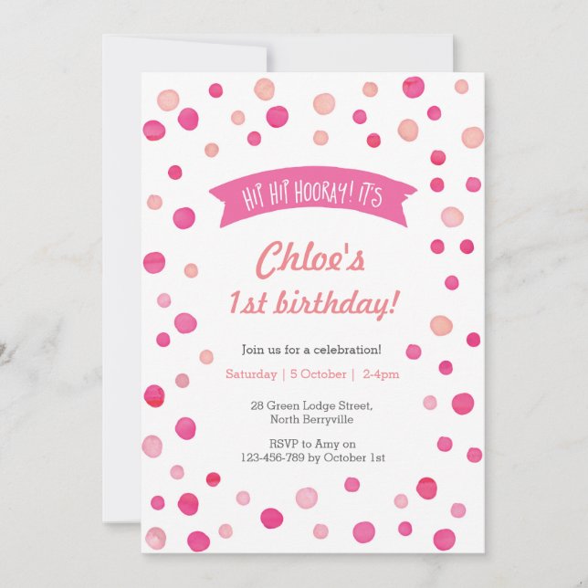 Invitation d'anniversaire | Taches de confetti ros (Devant)