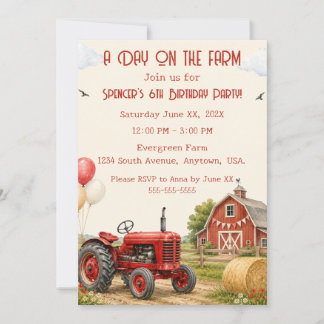 Invitation d'anniversaire tracteur rouge aquarelle