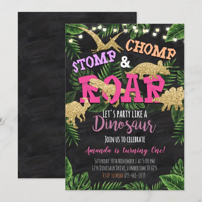 Invitation d'anniversaire tropicale de Girl Dinosa (Devant / Derrière)
