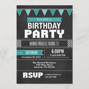 Invitation d'anniversaire Turquoise Chevron Chalkb