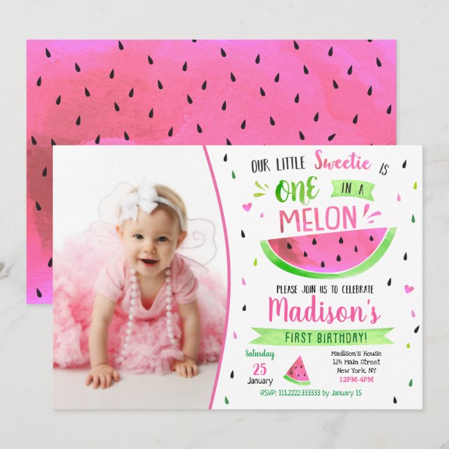 Invitation d'anniversaire Une dans une pastèque (Devant / Derrière)