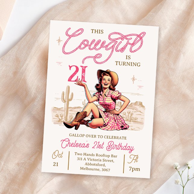 Invitation d'anniversaire vintage rose Brown (Fun Cowgirl 21st Birthday Invitation, Vintage Retro Cowgirl Birthday Invitation, Any Age, Pink Brown)