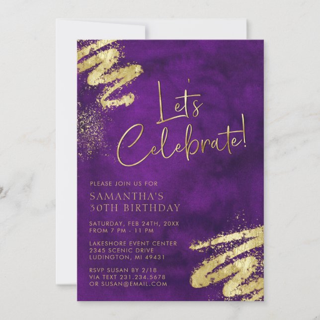 Invitation d'anniversaire violet et or (Devant)