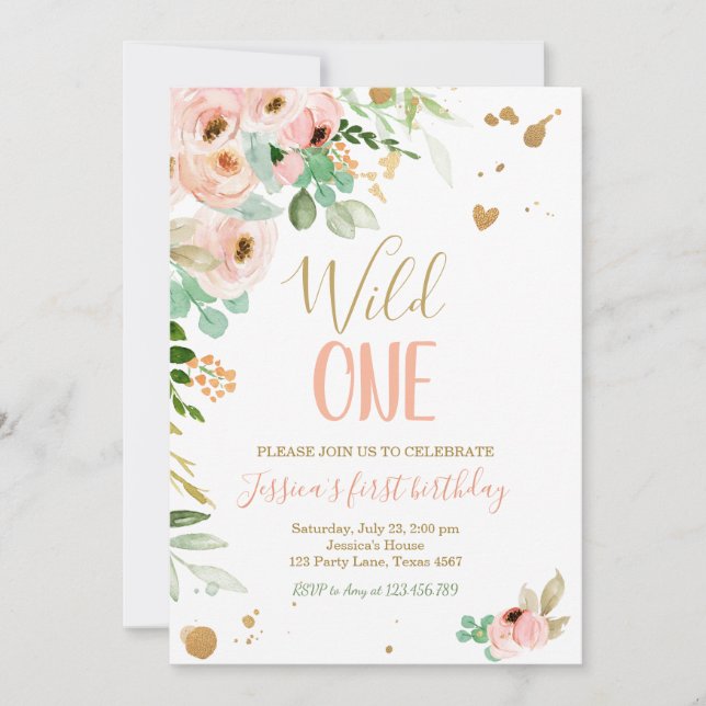 Invitation d'anniversaire Wild One 1er Floral Rose (Devant)