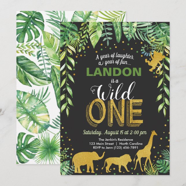 Invitation d'anniversaire Wild One Jungle Safari A (Devant / Derrière)