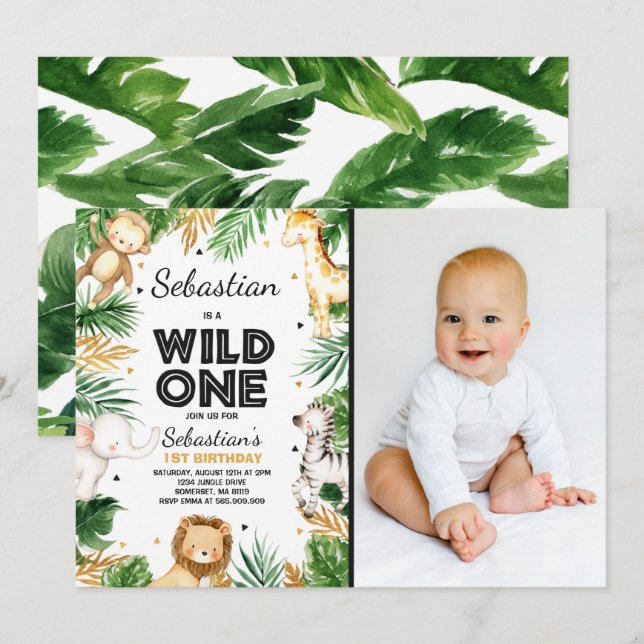 Invitation d'anniversaire Wild One Safari Animaux  (Devant / Derrière)