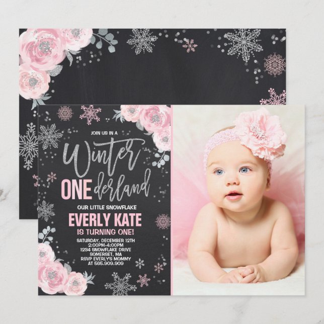 Invitation d'anniversaire Winter ONEderland Rose A (Devant / Derrière)