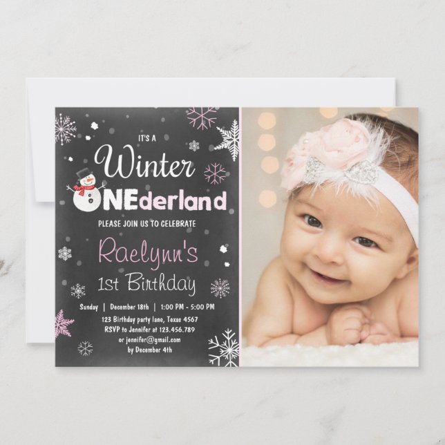 Invitation d'anniversaire Winter Onederman Pink (Devant)