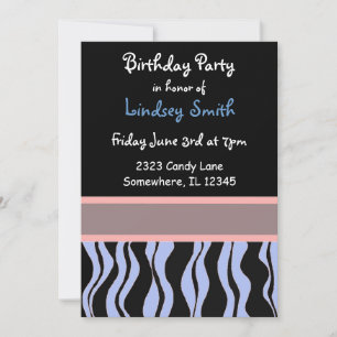 Invitation d'anniversaire Zèbre Bleu, Rose et Noir