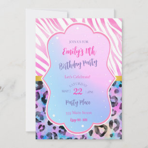 Invitation d'anniversaire zèbre léopard néon rose 