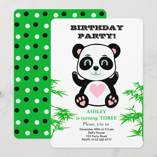 Invitation d'Anniversaires de enfants Plantes Pand (Devant / Derrière)