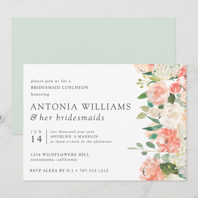 Invitation Dans Fleur Floral Peach Pink Bridesmaid Déjeuner I (Devant / Derrière)