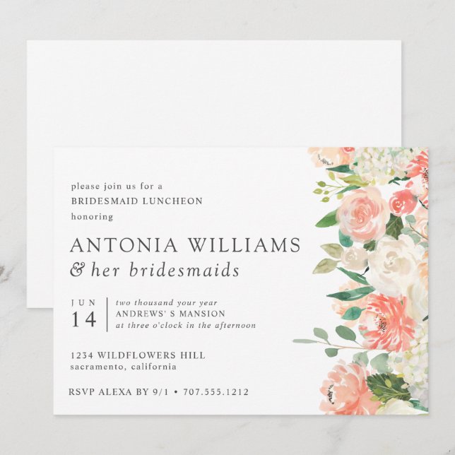 Invitation Dans Fleur Floral Peach Pink Bridesmaid Déjeuner I (Devant / Derrière)