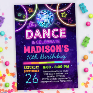 Invitation Danse Anniversaire Filles Neon Disco Dance Party
